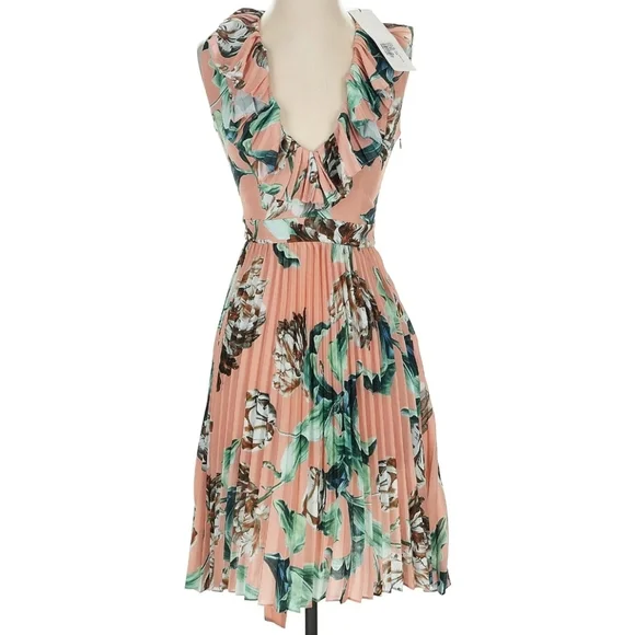 NWT PatBO Peach Floral Midi Ruffle Dress (0) - Picture 2 of 9
